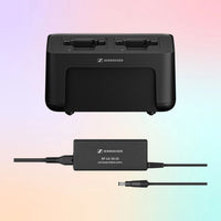 Inclusions of Sennheiser CHG 70N-C + PSU Kit on multicolored background