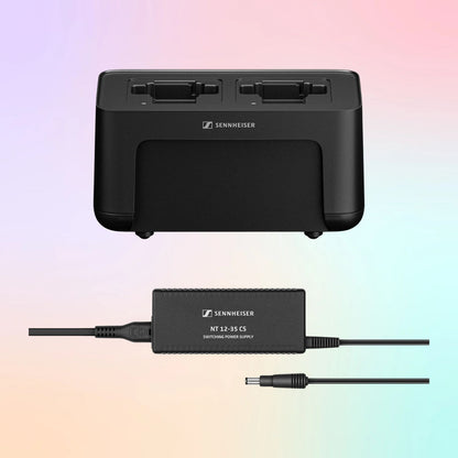 Inclusions of Sennheiser CHG 70N-C + PSU Kit on multicolored background