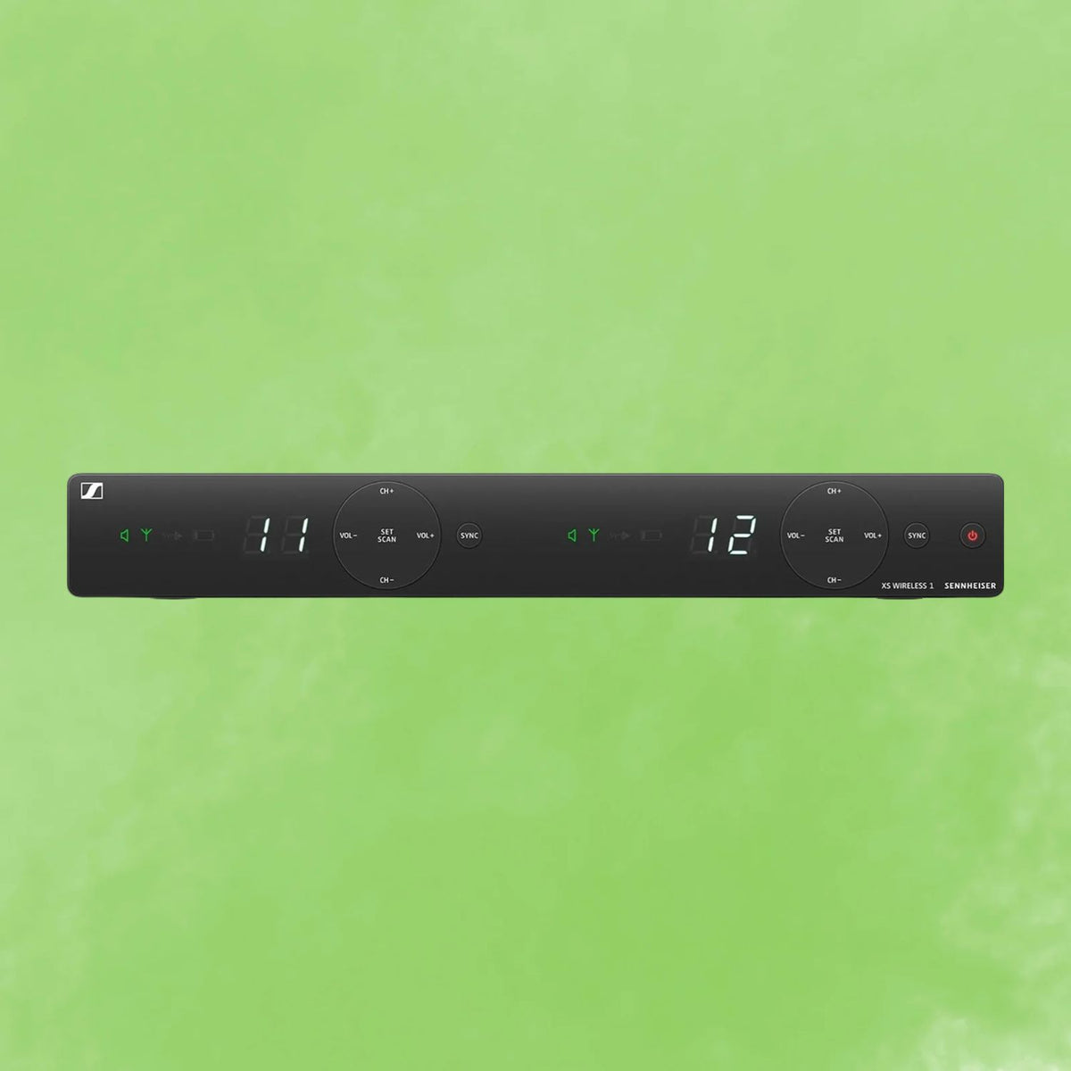 Front view of Sennheiser EM-XSW 1 Dual-A Wireless Receiver on green background