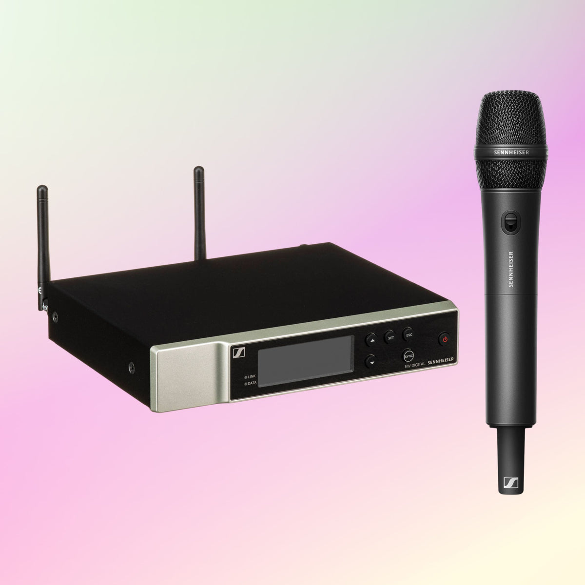 Inclusions of Sennheiser EW-D 835-S Set (R1-6) Wireless Microphone System on pink gradient background