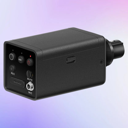 Angled view of Sennheiser EW-DP SKP (Q1-6) Digital Plug-On Wireless Recorder on purple background