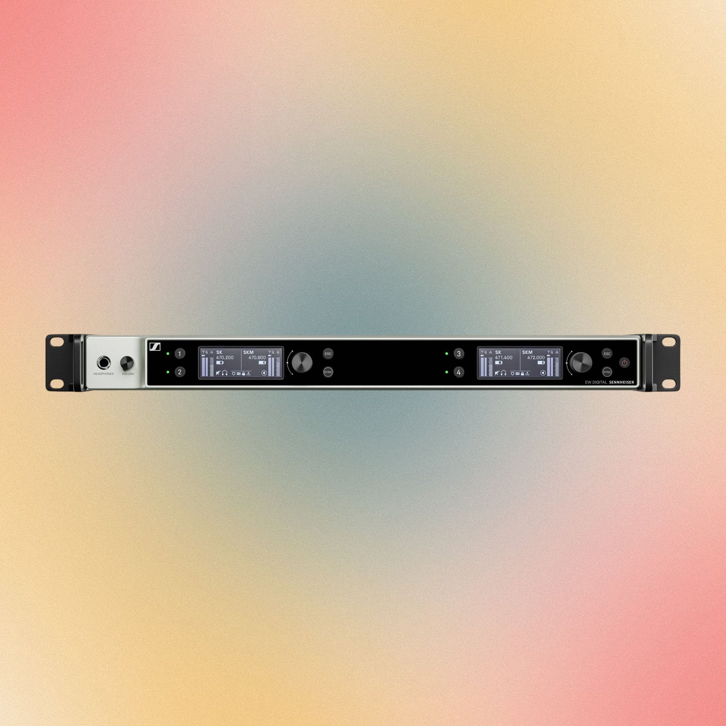 Front view of Sennheiser EW-DX EM 4 DANTE (R1-9) Wireless Receiver on multicolored background