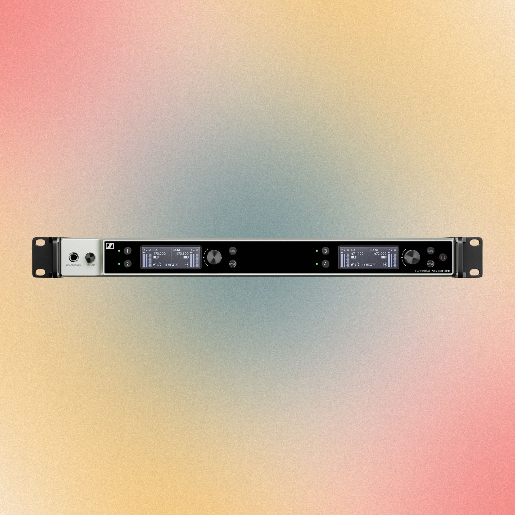 Front view of Sennheiser EW-DX EM 4 DANTE (R1-9) Wireless Receiver on multicolored background