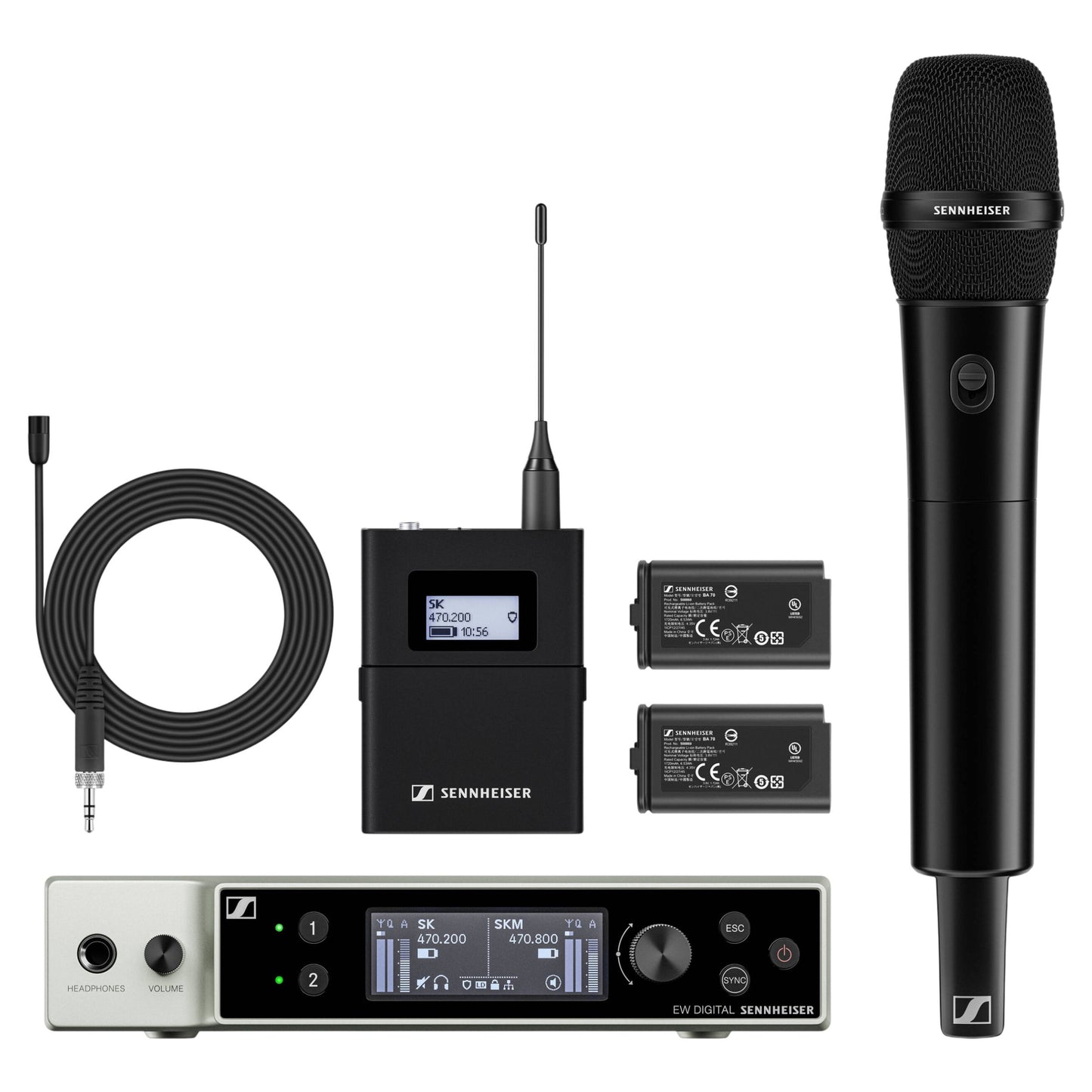 Inclusions of Sennheiser EW-DX MKE 2 / 835-S Set Wireless Microphone System on white background