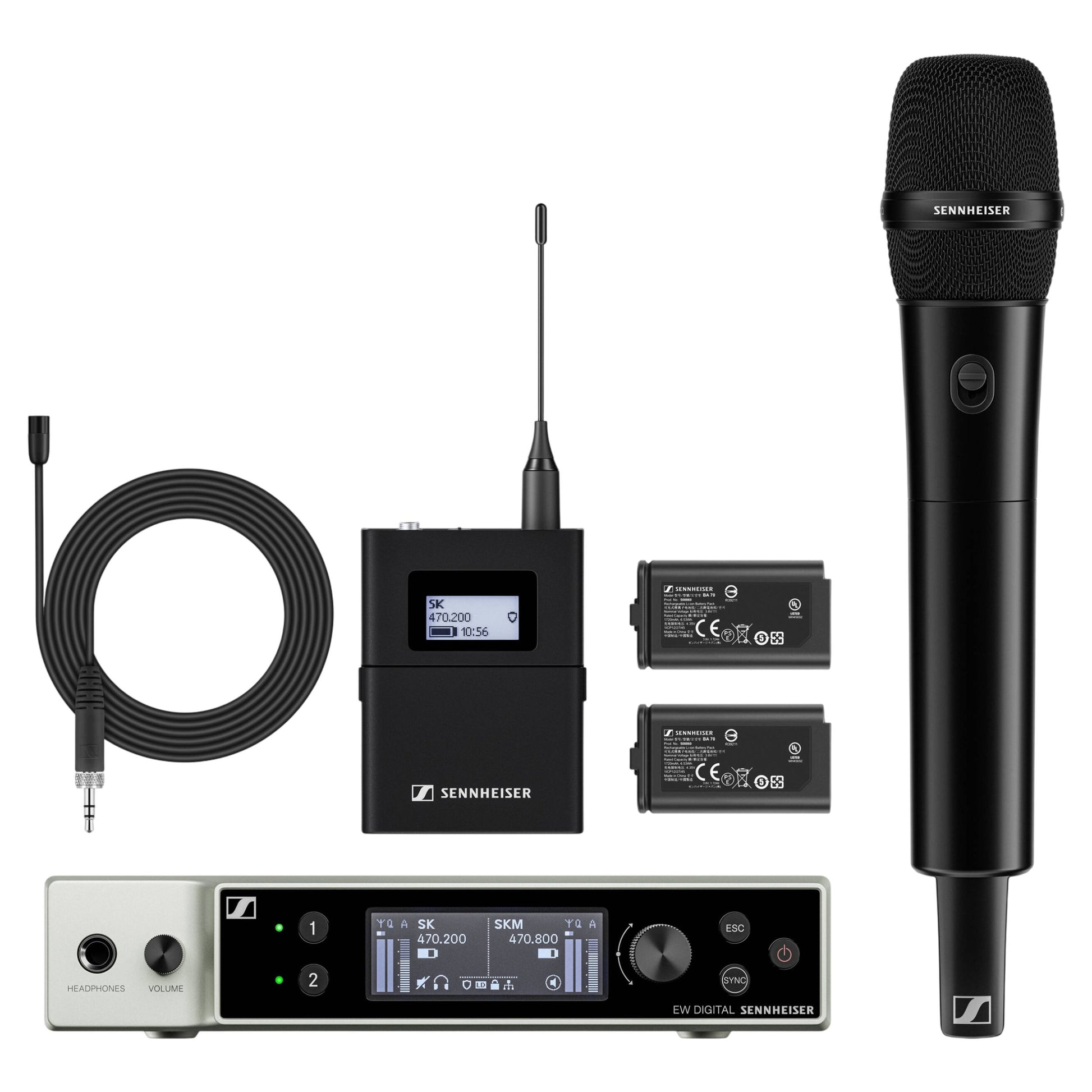 Inclusions of Sennheiser EW-DX MKE 2 / 835-S Set Wireless Microphone System on white background