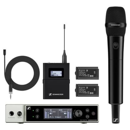 Inclusions of Sennheiser EW-DX MKE 2 / 835-S Set Wireless Microphone System on white background