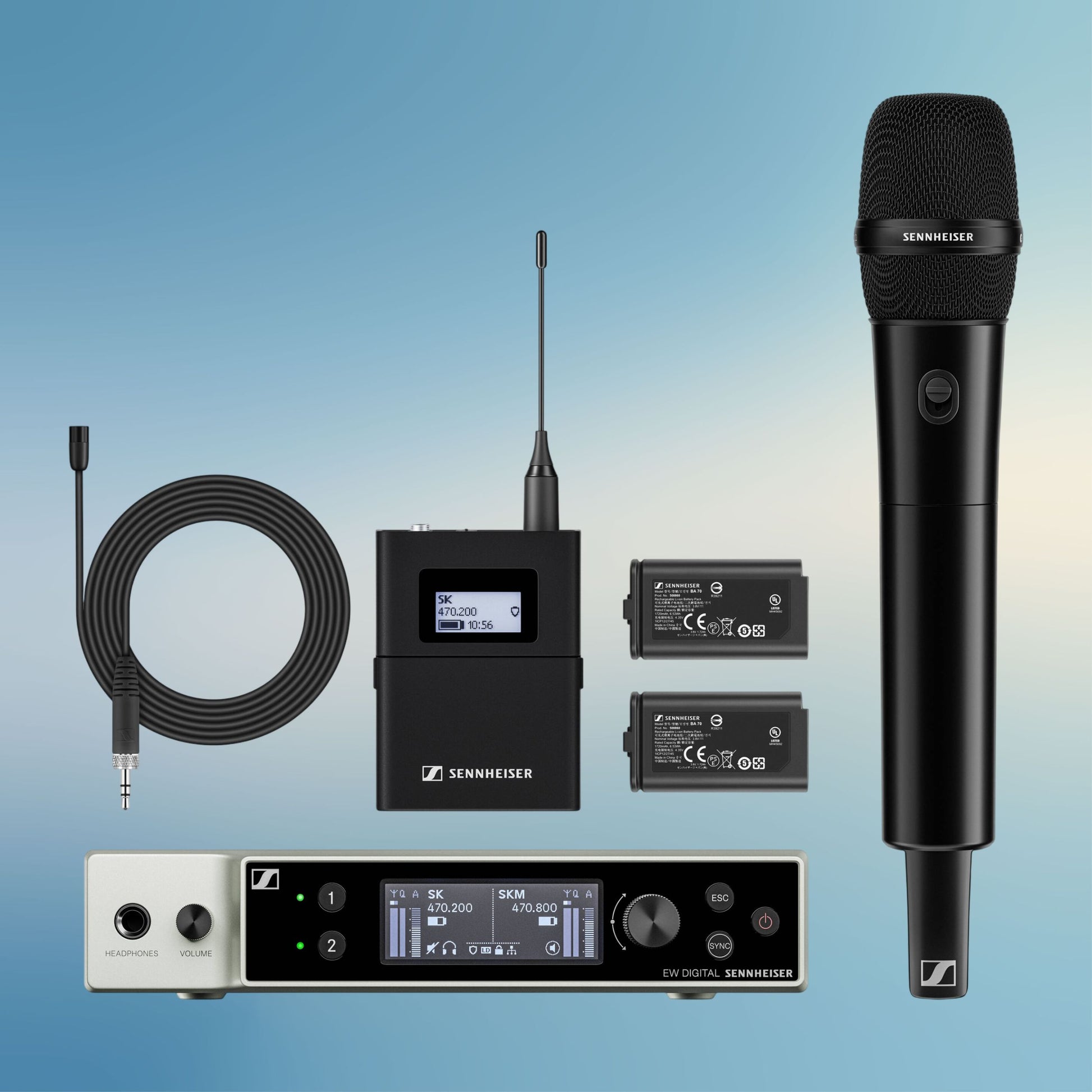 Inclusions of Sennheiser EW-DX MKE 2 / 835-S Set Wireless Microphone System on blue background