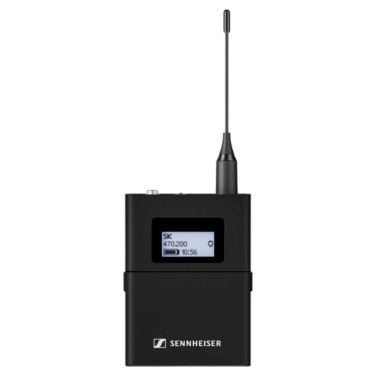 Front view of Sennheiser EW-DX SK Bodypack Transmitter with Locking 3.5mm Connector on white background