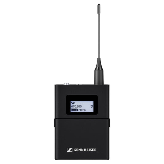 Front view of Sennheiser EW-DX SK Bodypack Transmitter with Locking 3.5mm Connector on white background