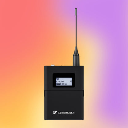 Front view of Sennheiser EW-DX SK Bodypack Transmitter with Locking 3.5mm Connector on multicolored background