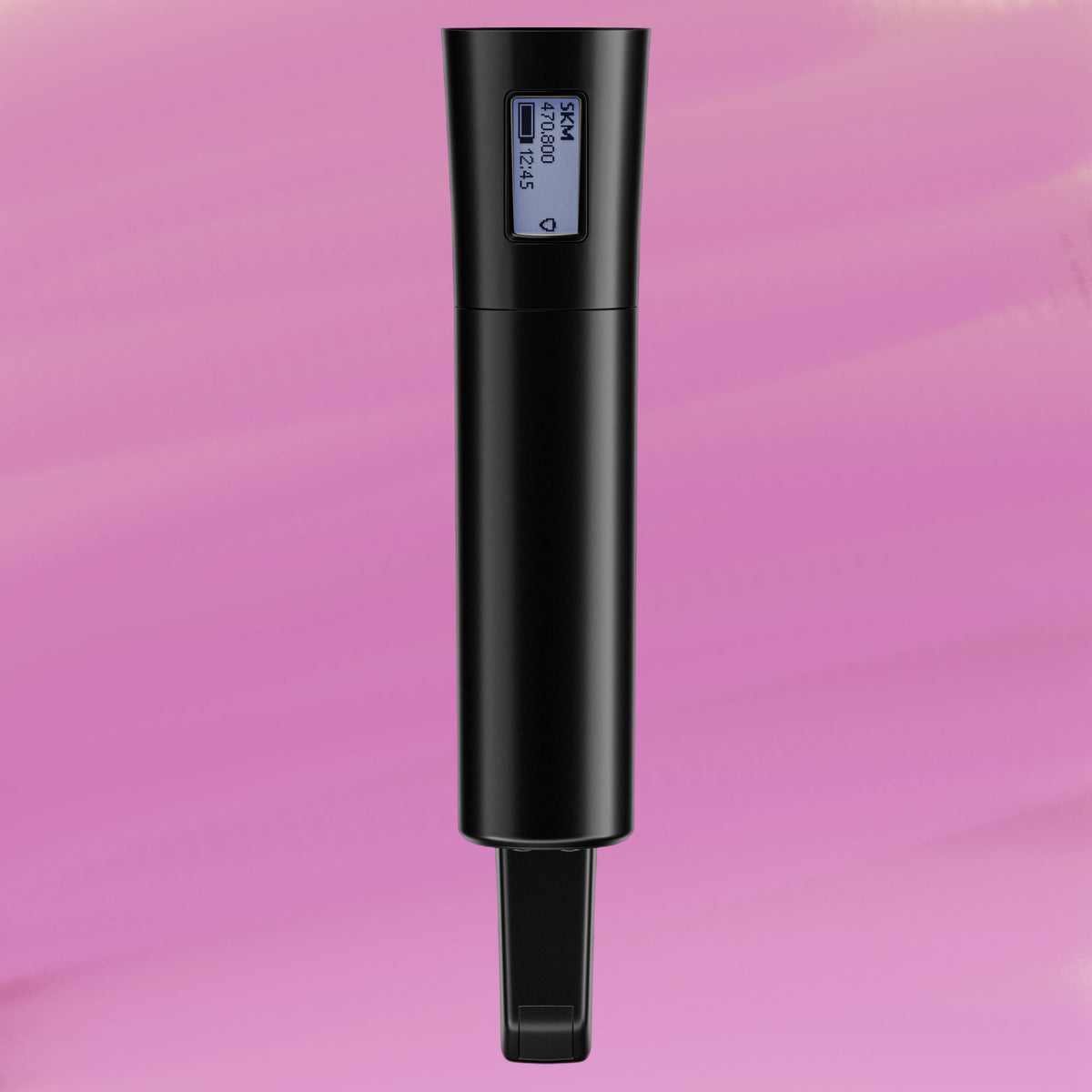 Rear view of Sennheiser EW-DX SKM-S Wireless Handheld Transmitter with Mute Switch on pink background