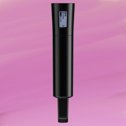 Rear view of Sennheiser EW-DX SKM-S Wireless Handheld Transmitter with Mute Switch on pink background