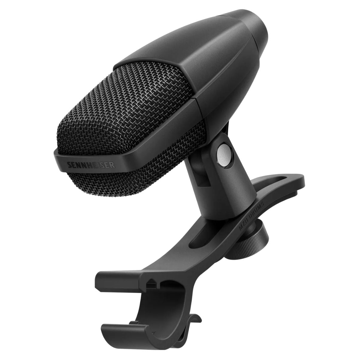 Angled view of Sennheiser MD 421 KOMPAKT with Drum Clamp on white background