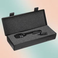 Angled inside view of Sennheiser MD431 II Microphone inside carrying case on green and orange background
