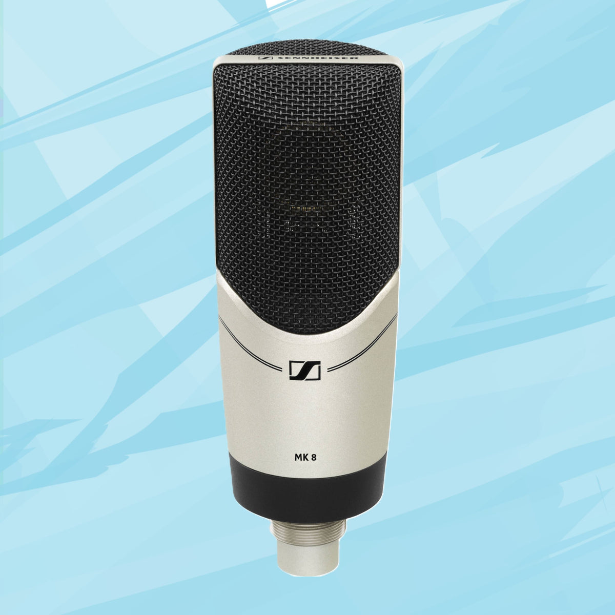 Front view of Sennheiser MK 8 Microphone on blue background