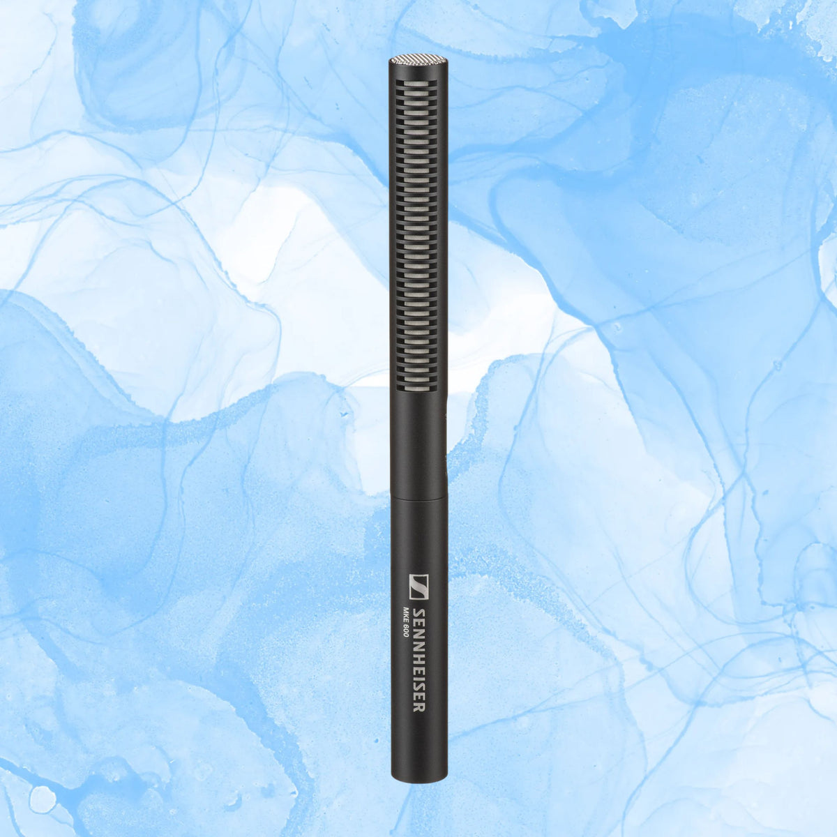 Front view of Sennheiser MKE 600 Shotgun Microphone on blue background