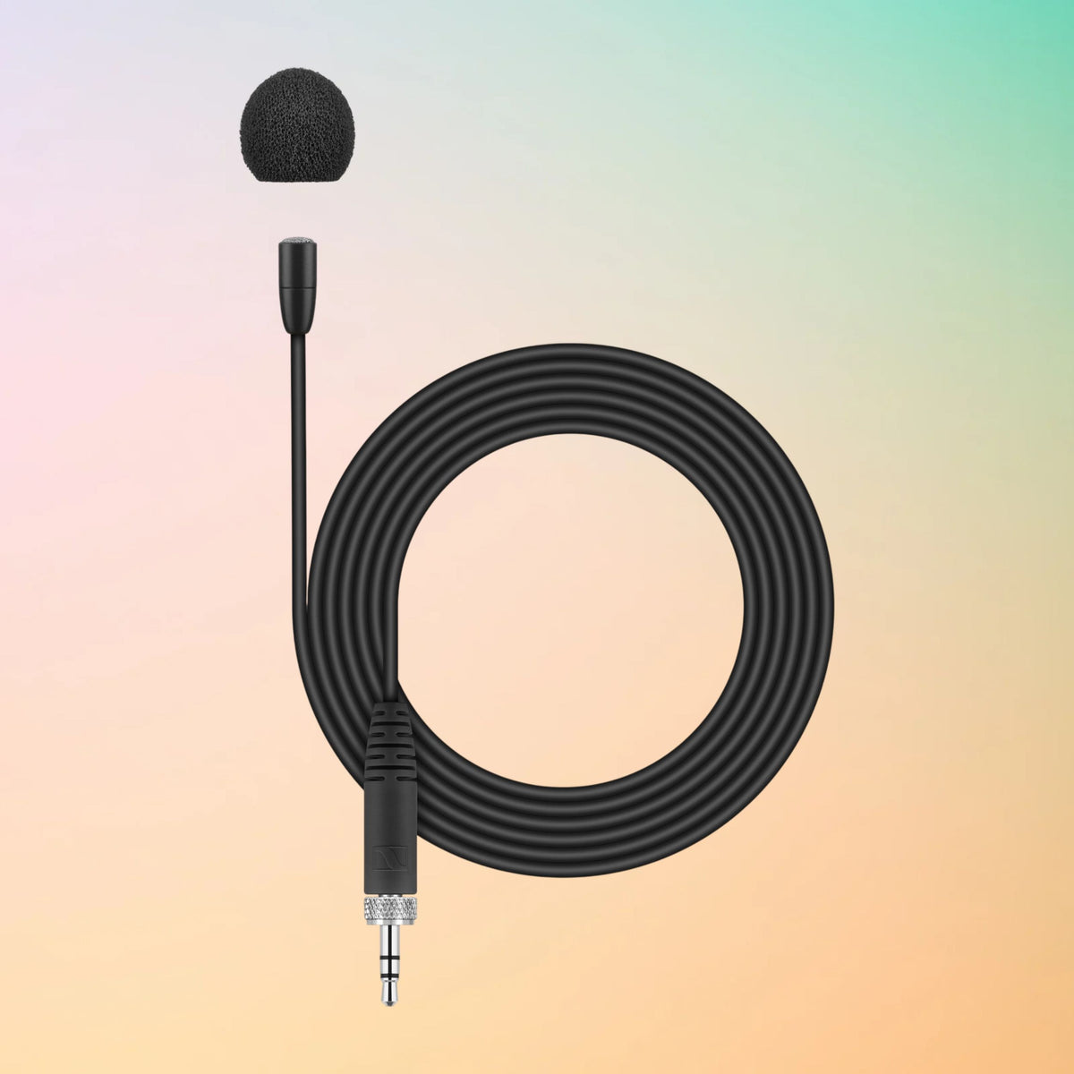 Coiled view of Sennheiser MKE Essential Omnidirectional Microphone on orange gradient with purple and green accents background