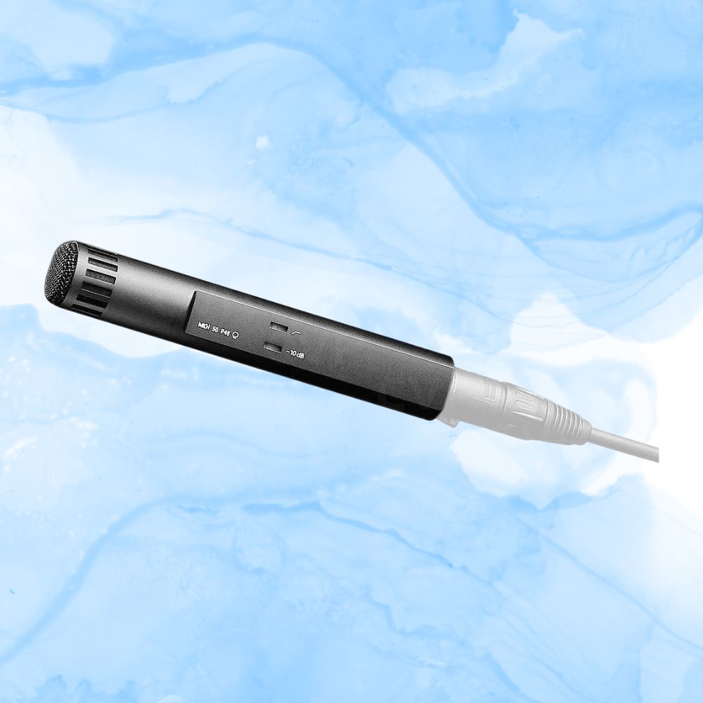Angled front view of Sennheiser MKH 50-P48 Microphone on blue background