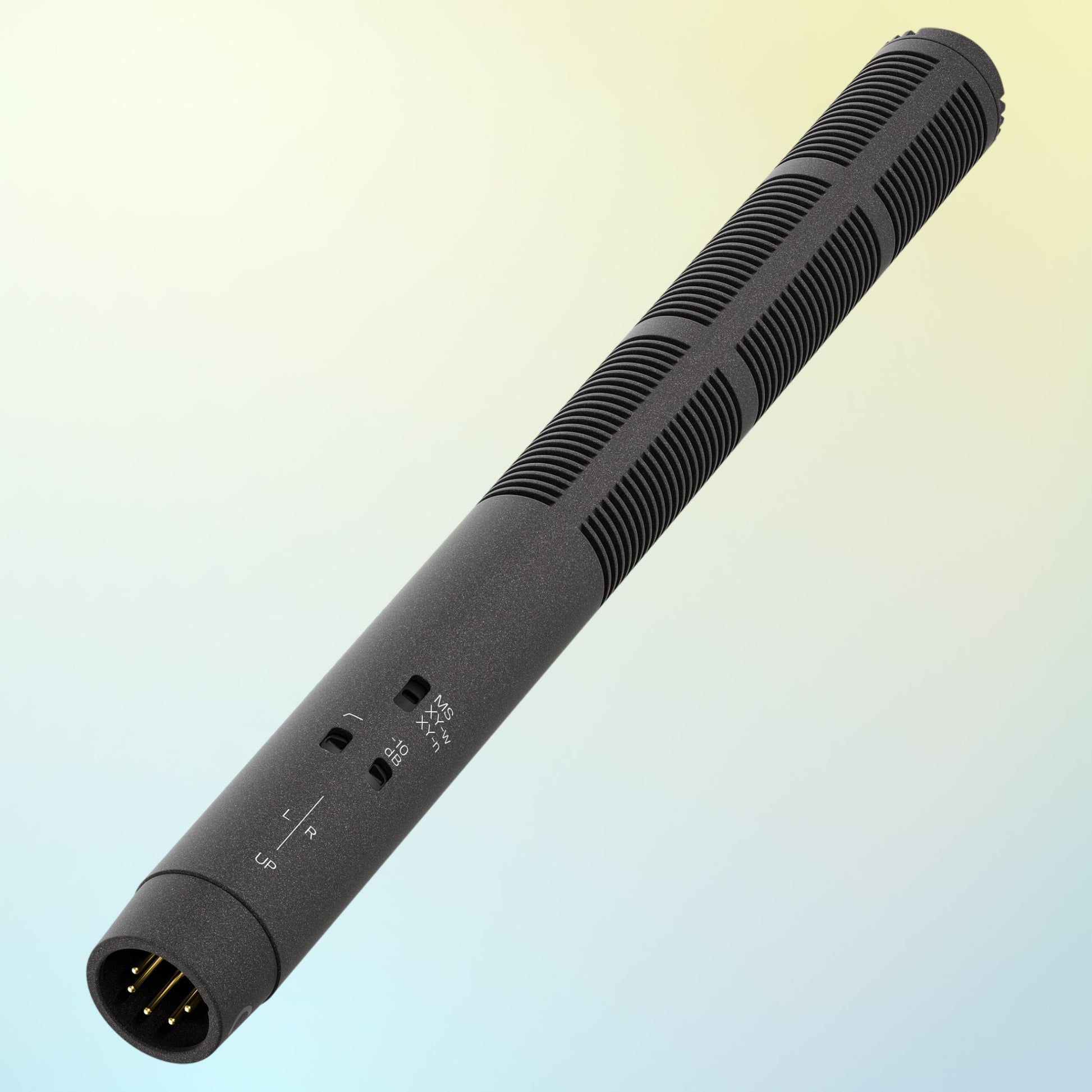 Angled view of Sennheiser MKH 8018 Stereo Shotgun Microphone on yellow and blue gradient background
