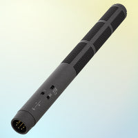 Angled view of Sennheiser MKH 8018 Stereo Shotgun Microphone on yellow and blue gradient background