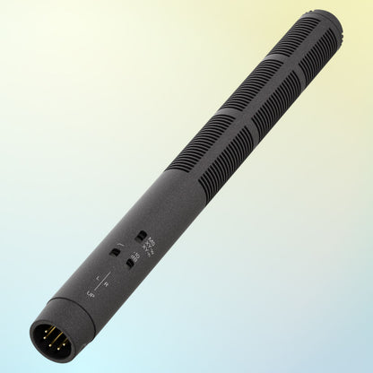 Angled view of Sennheiser MKH 8018 Stereo Shotgun Microphone on yellow and blue gradient background