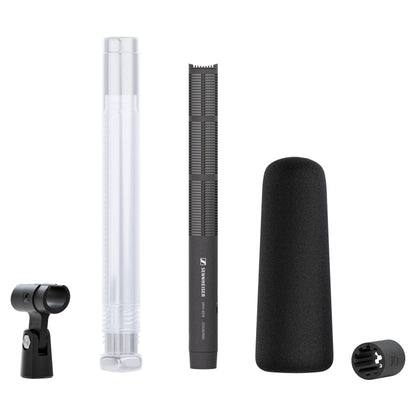 Inclusions of Sennheiser MKH 8018 Stereo Shotgun Microphone on white background