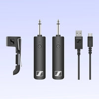 Inclusions of Sennheiser XSW-D Instrument Base Set Wireless System on purple background