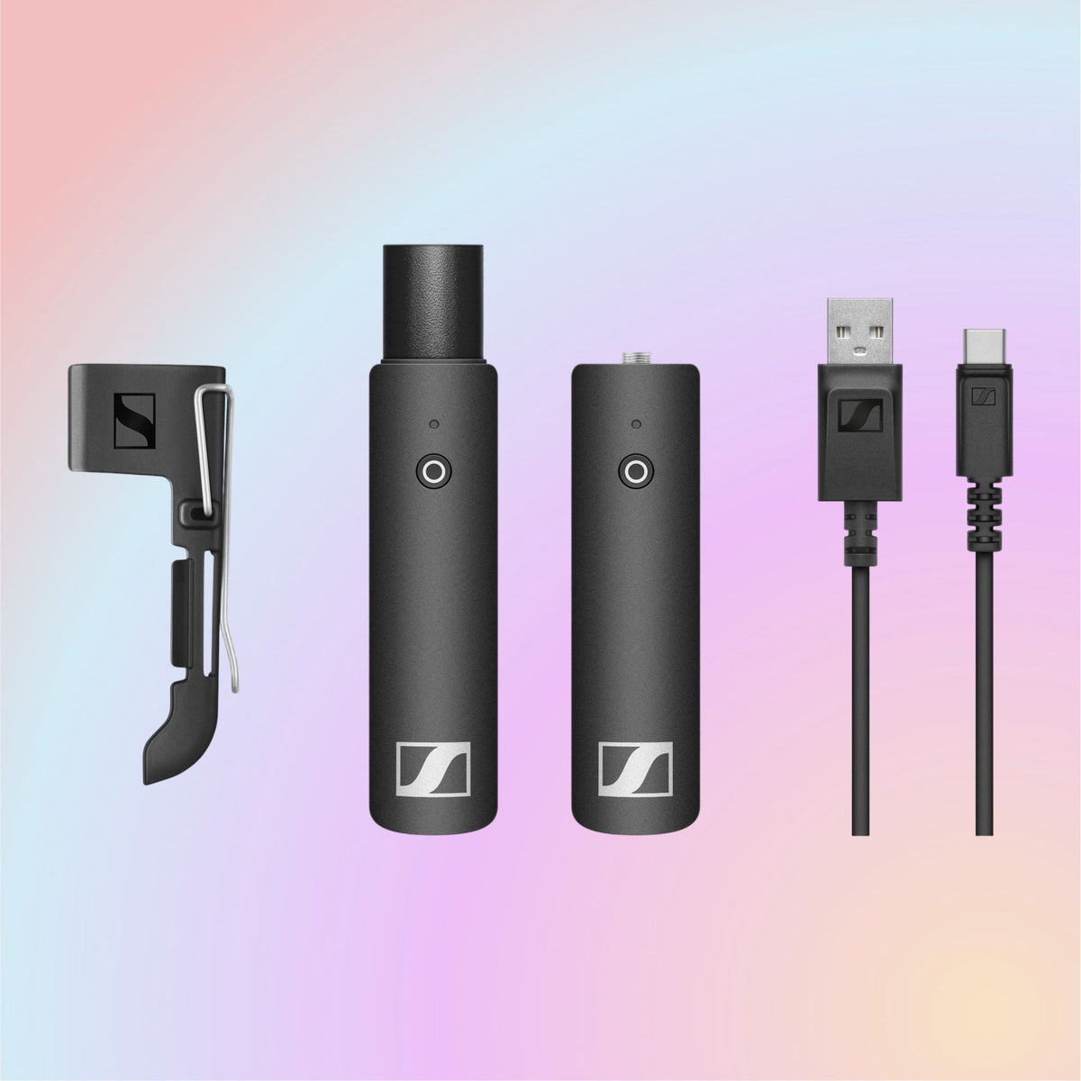 Inclusions of Sennheiser XSW-D Presentation Base Set Wireless System on multicolored background