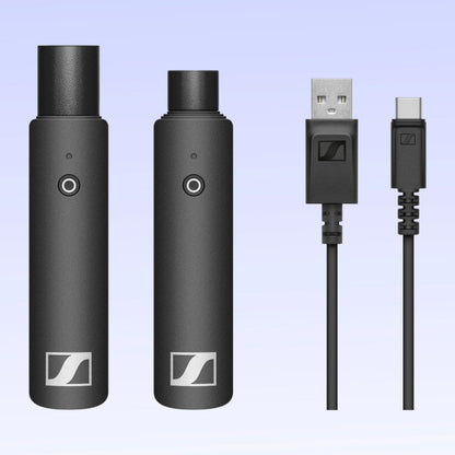 Inclusions of Sennheiser XSW-D XLR Base Set on purple background