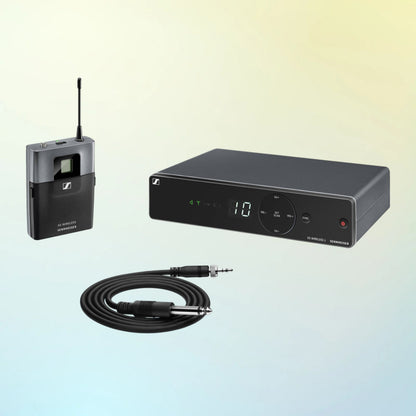 Inclusions of Sennheiser XSW 1-CI1-A Wireless Instrument System on blue and yellow gradient background