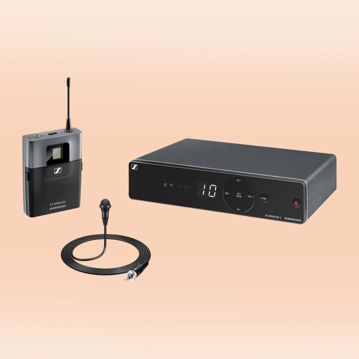 Inclusions of Sennheiser XSW 1-ME2-A Wireless Lavalier System on orange background