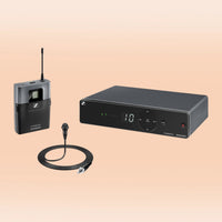 Inclusions of Sennheiser XSW 1-ME2-A Wireless Lavalier System on orange background