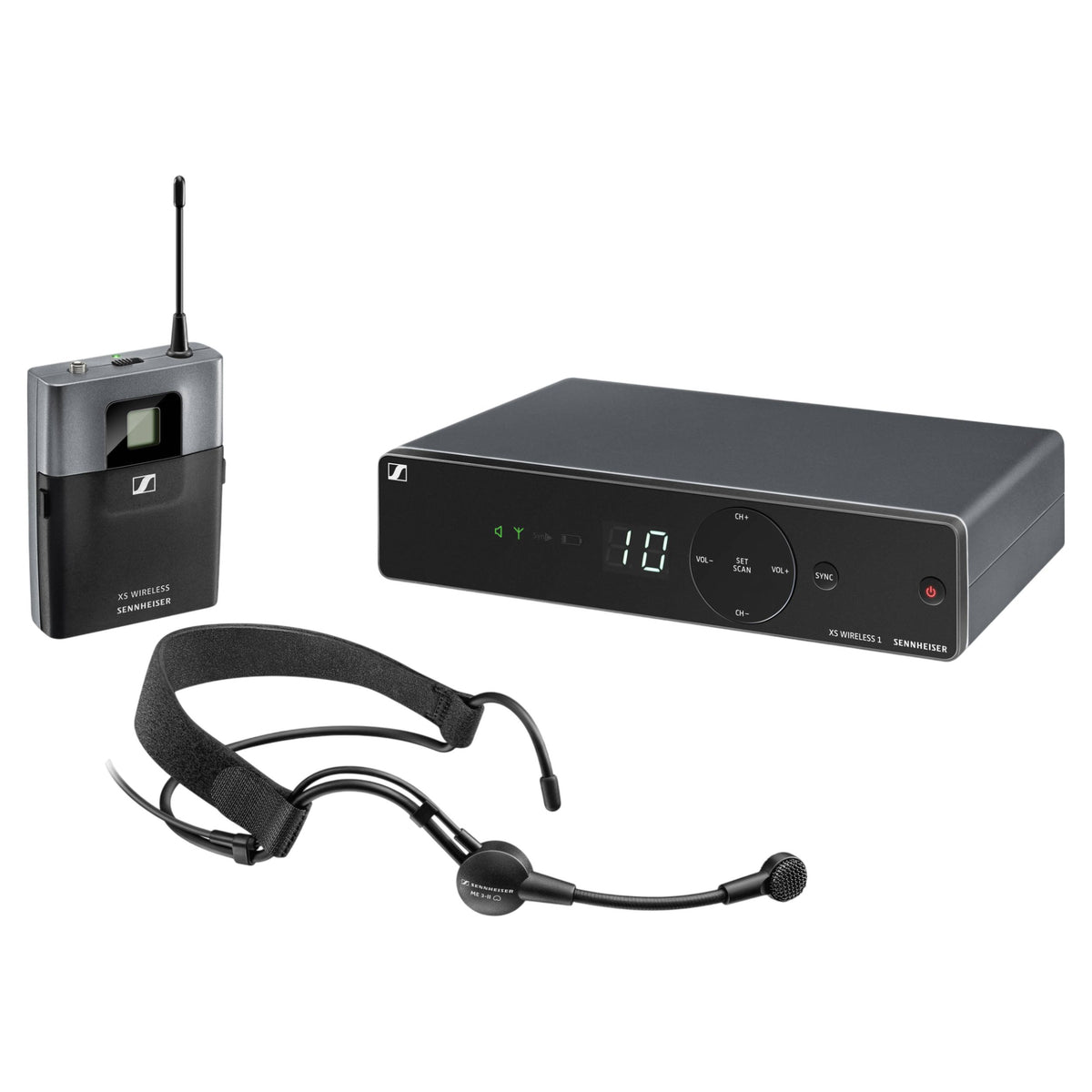 Inclusions of Sennheiser XSW 1-ME3-A Wireless Headset System on white background
