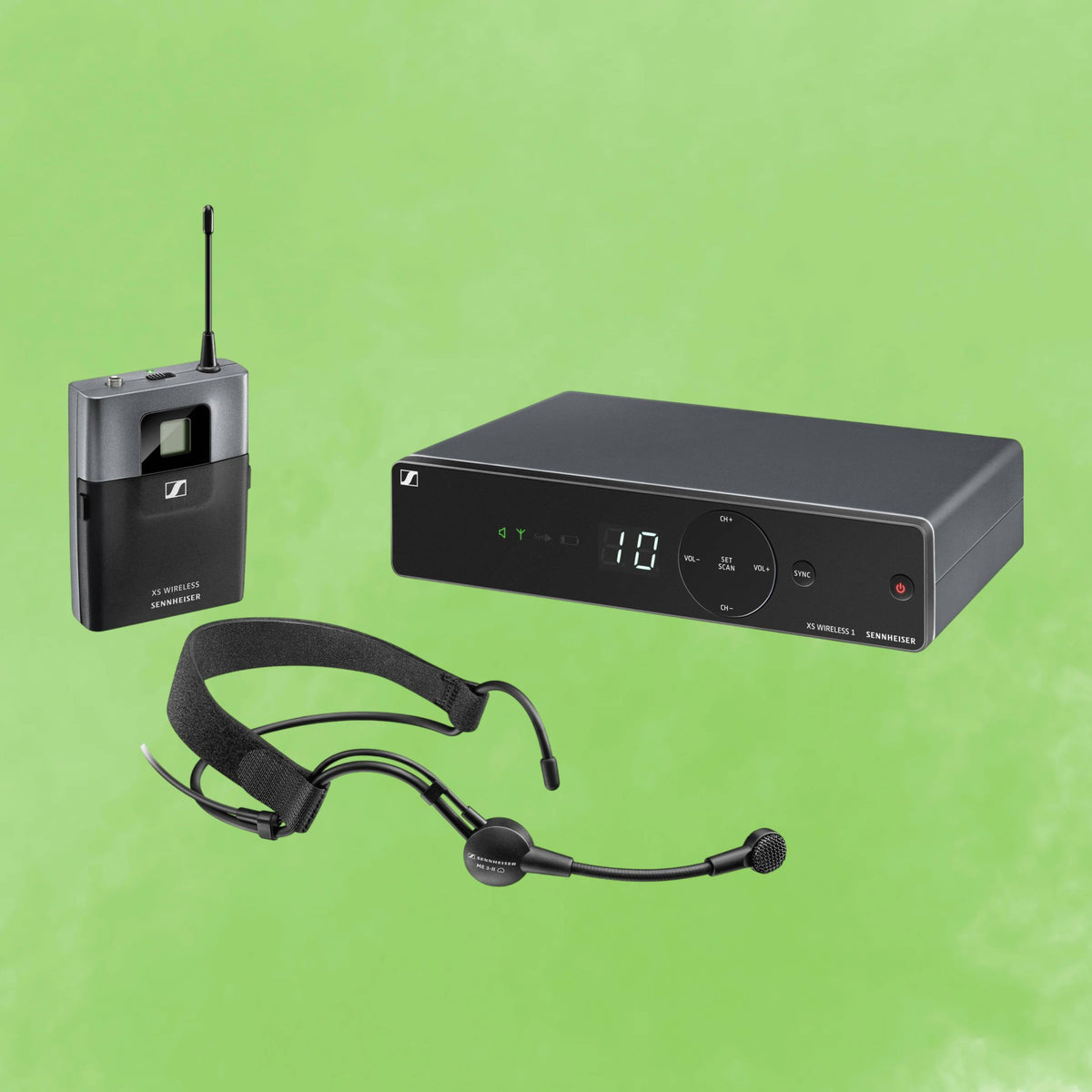 Inclusions of Sennheiser XSW 1-ME3-A Wireless Headset System on green background