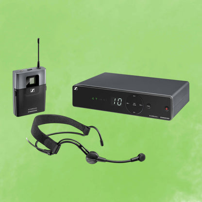 Inclusions of Sennheiser XSW 1-ME3-A Wireless Headset System on green background