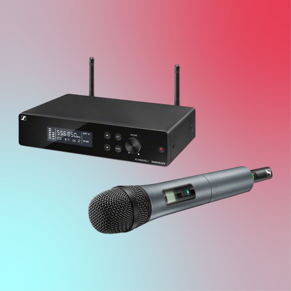 Inclusions of Sennheiser XSW 2-865-A Wireless Handheld Microphone System on blue and red gradient background