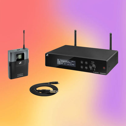 Inclusions of Sennheiser XSW 2-CI1-A Wireless Instrument System on multicolored background