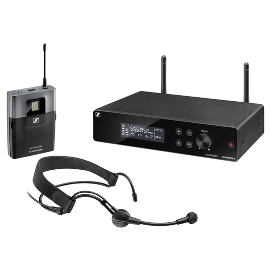 Inclusions of Sennheiser XSW 2-ME3-A Wireless Headset Microphone System on white background