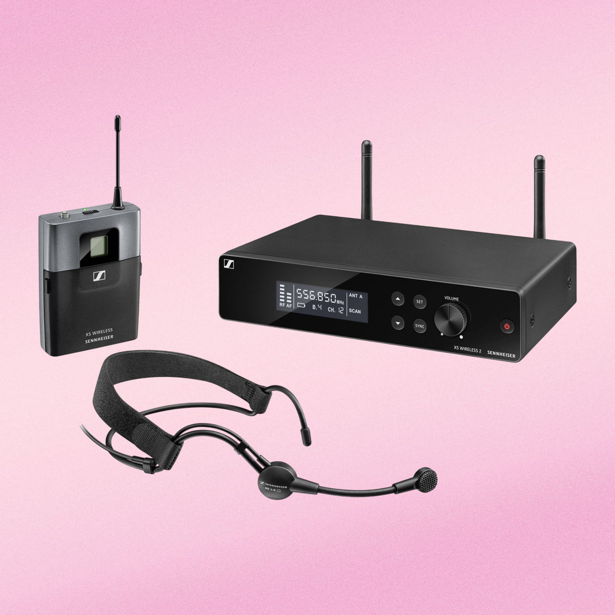 Inclusions of Sennheiser XSW 2-ME3-A Wireless Headset Microphone System on pink background
