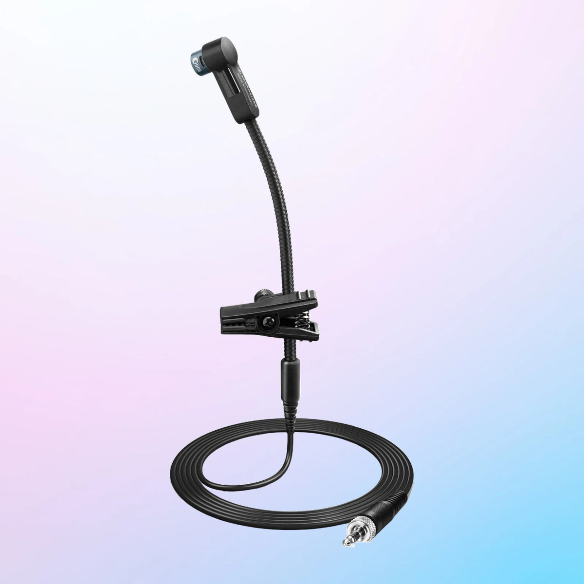 Coiled view of Sennheiser e 908 B Condenser Instrument Microphone on pink and blue gradient background