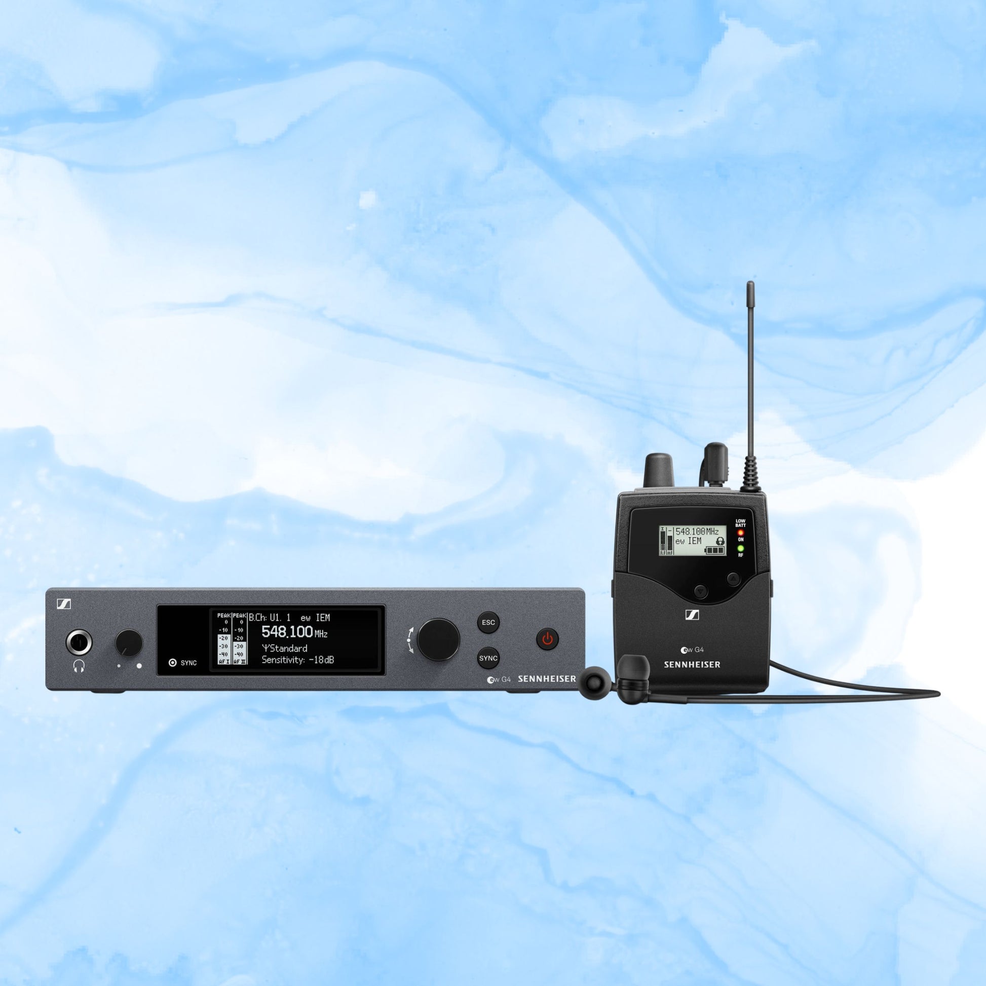 Inclusions of Sennheiser ew IEM G4-G Wireless Stereo In-Ear Monitoring System on smoky blue background