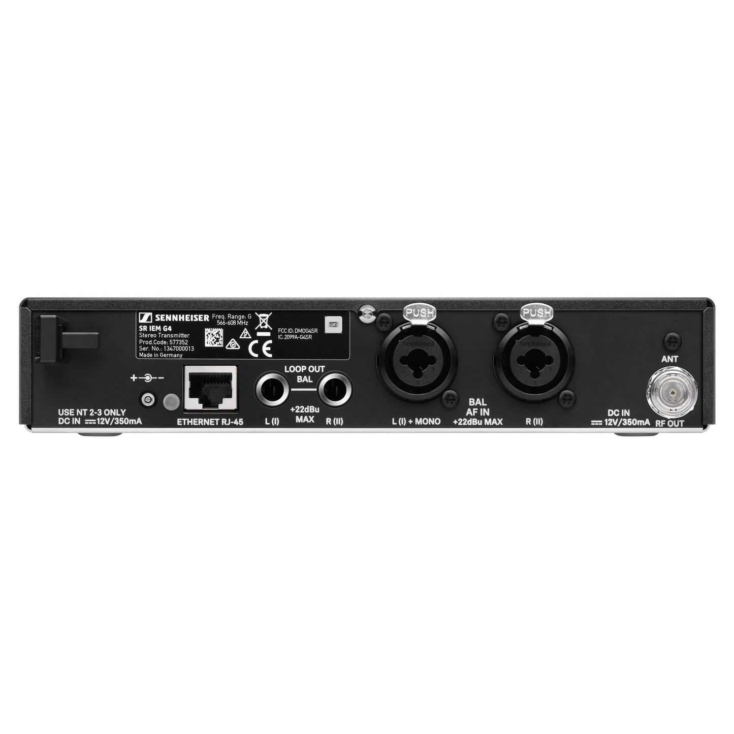 Rear ports view of Sennheiser ew IEM G4-G Wireless Stereo In-Ear Monitoring System Transmitter on white background
