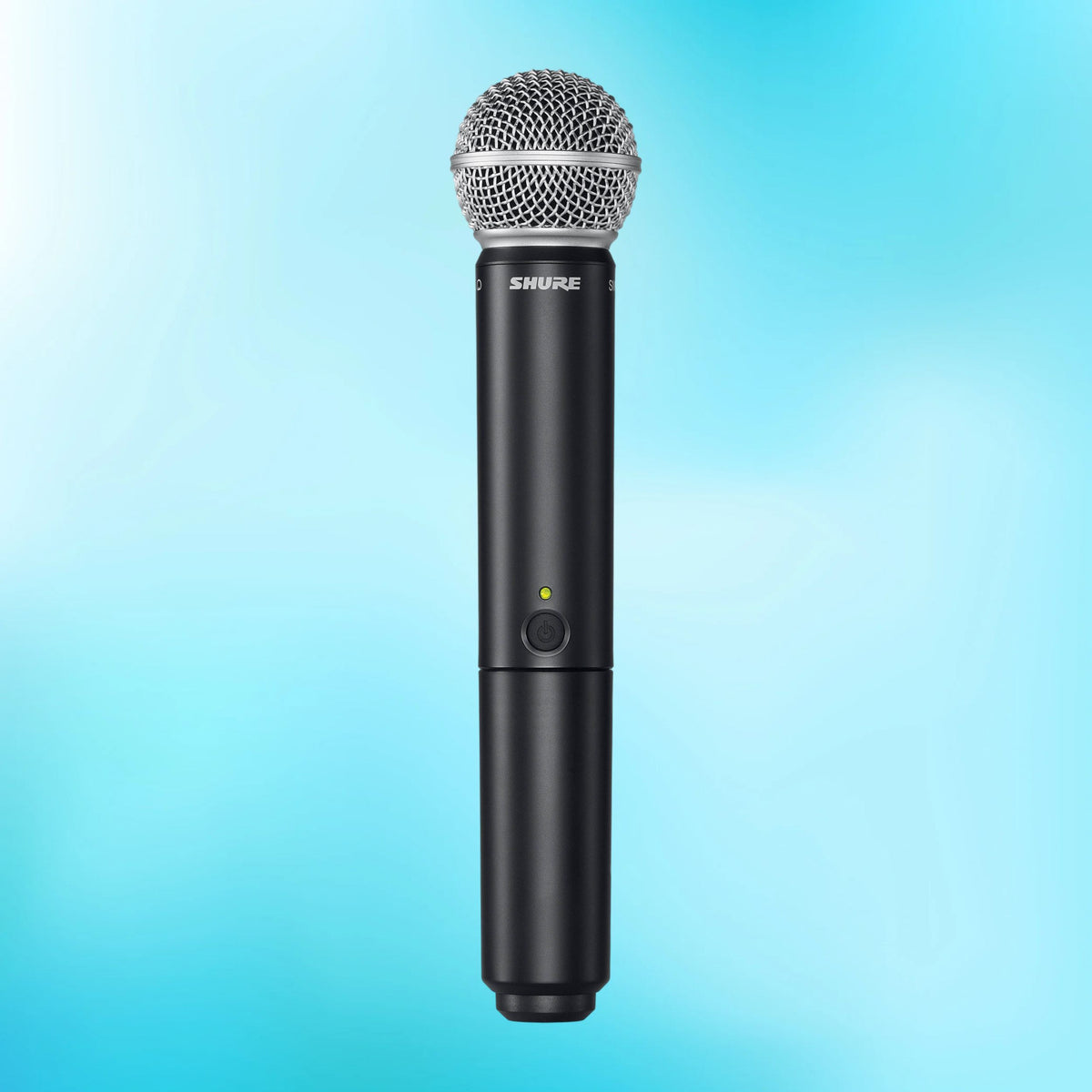 Front view of Shure BLX2/SM58 Handheld Transmitter with SM58 Capsule on blue background