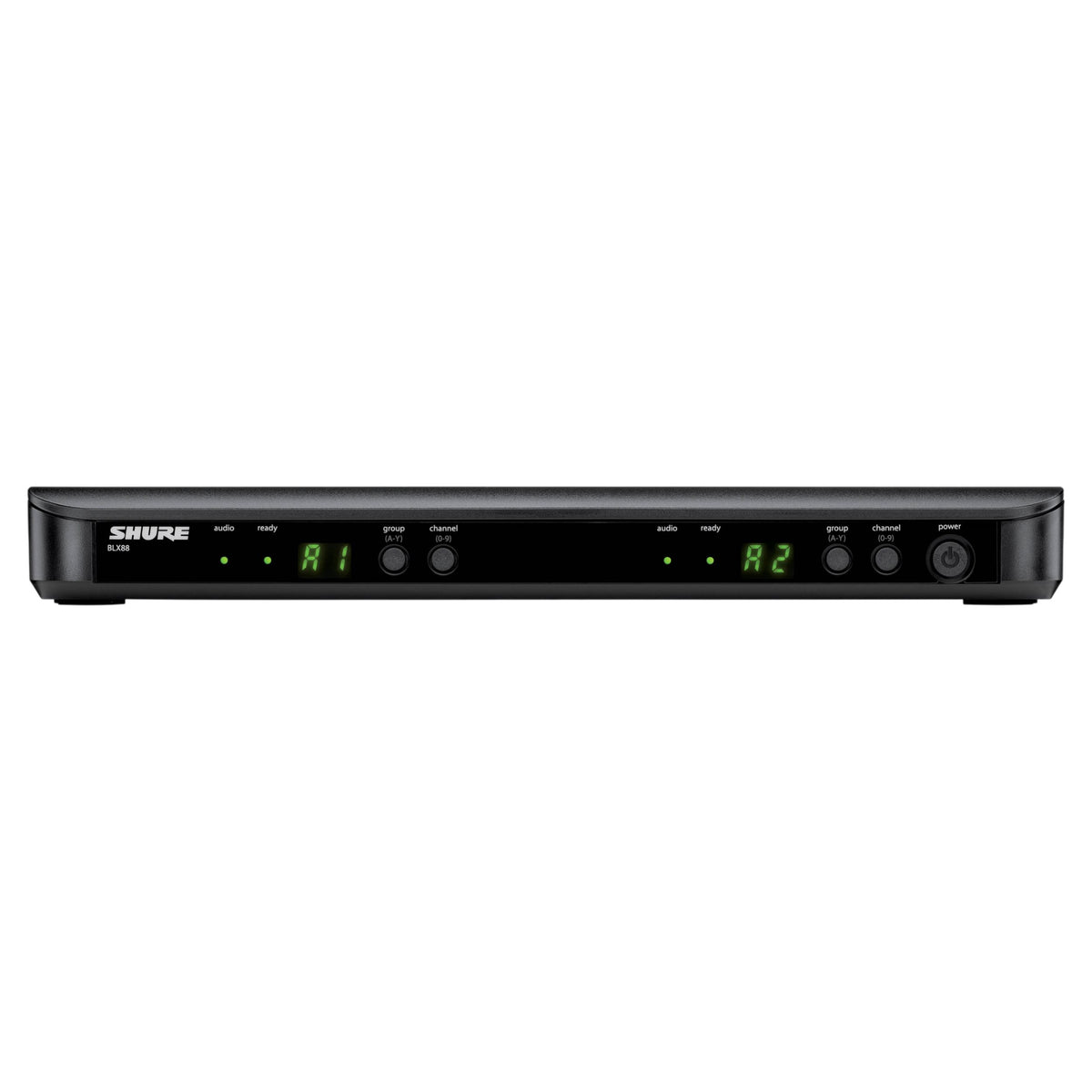 Front view of Shure BLX88 Dual Wireless Receiver for BLX Wireless System on white background