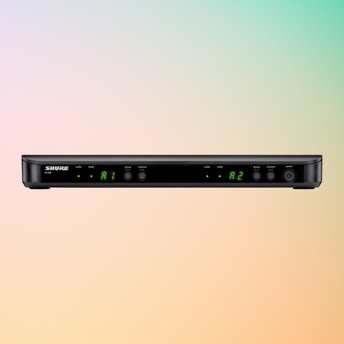 Front view of Shure BLX88 Dual Wireless Receiver for BLX Wireless System on multicolored background