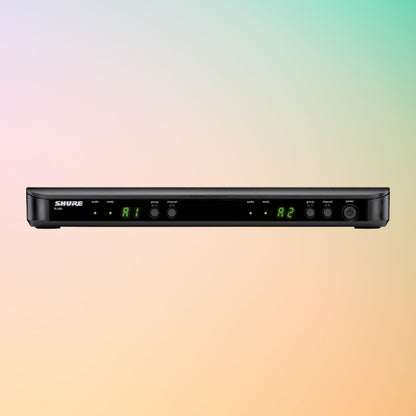 Front view of Shure BLX88 Dual Wireless Receiver for BLX Wireless System on multicolored background