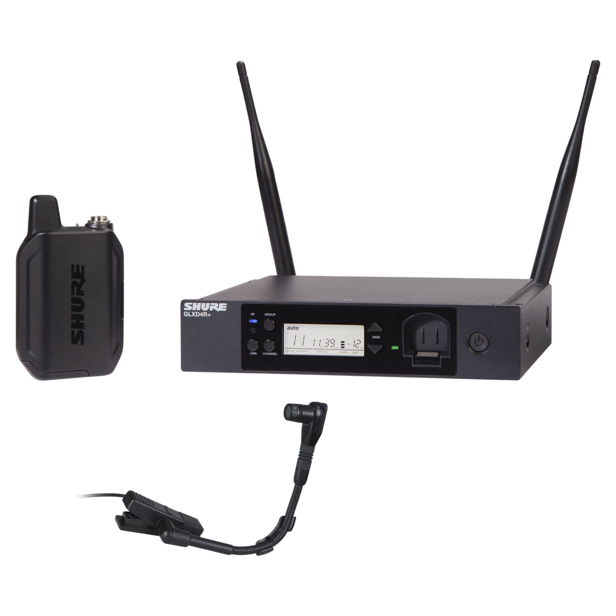 Inclusions of Shure GLXD14R+/B98 Digital Wireless Rack System on white background