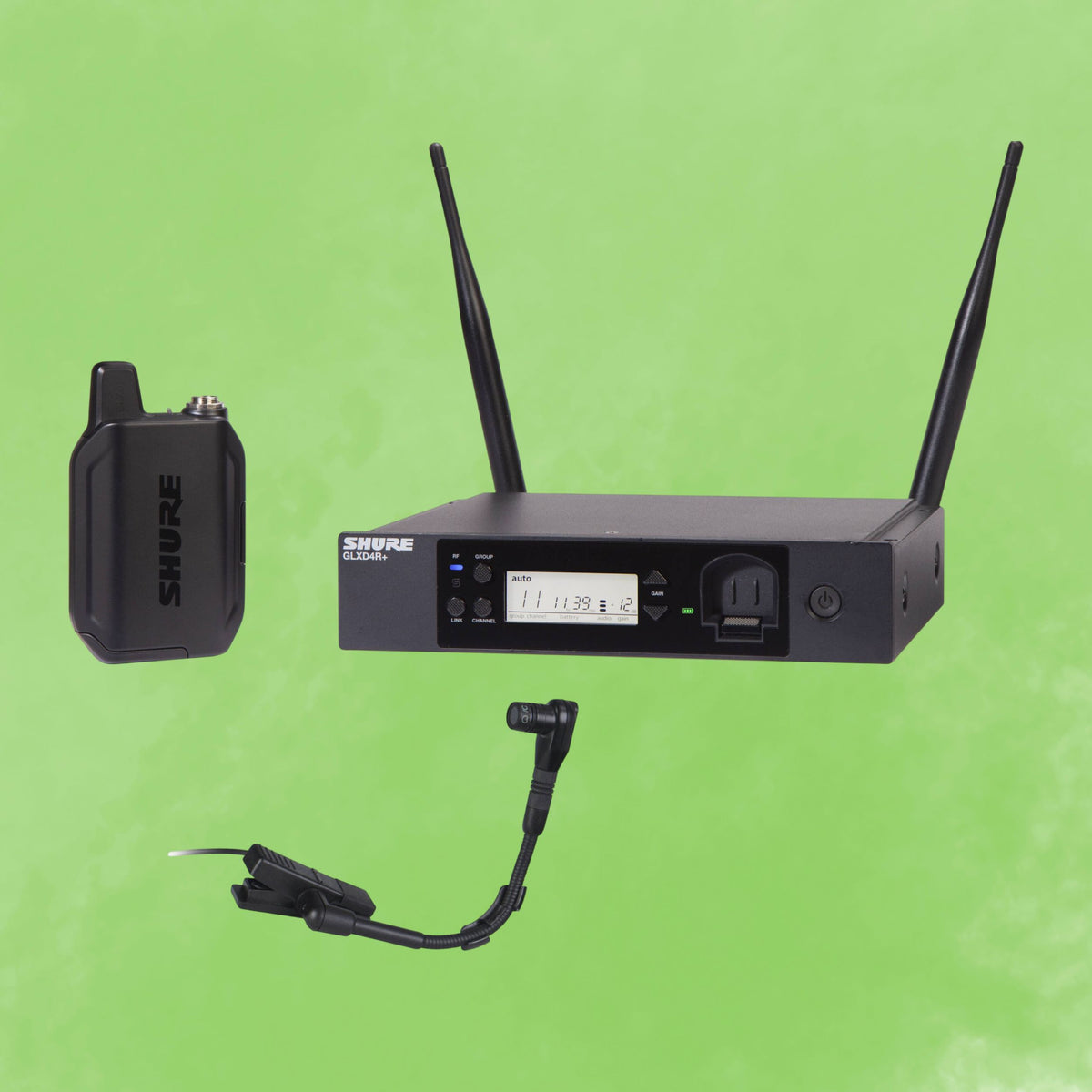 Inclusions of Shure GLXD14R+/B98 Digital Wireless Rack System on green background