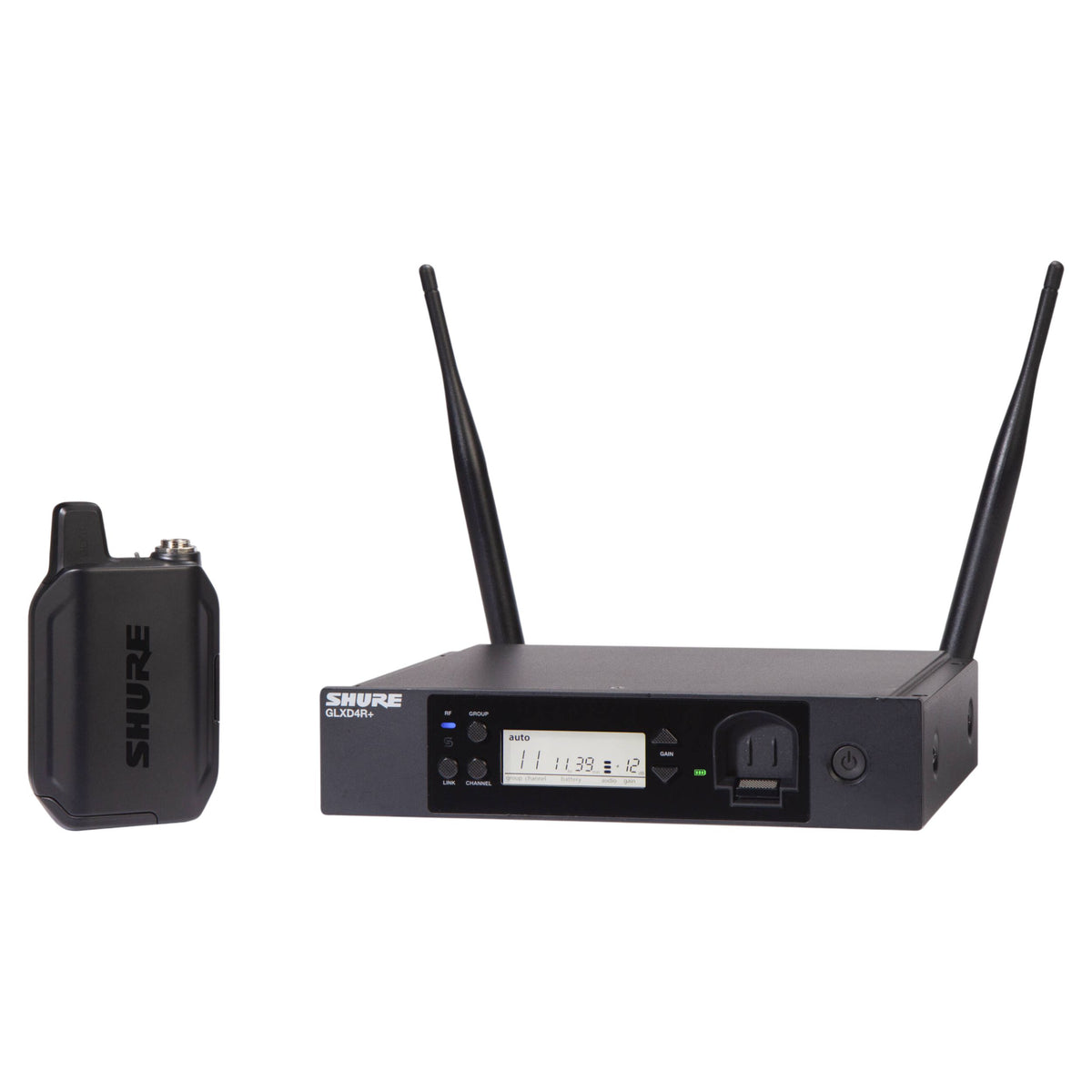 Inclusions of Shure GLXD14R+ Digital Wireless Rack System on white background