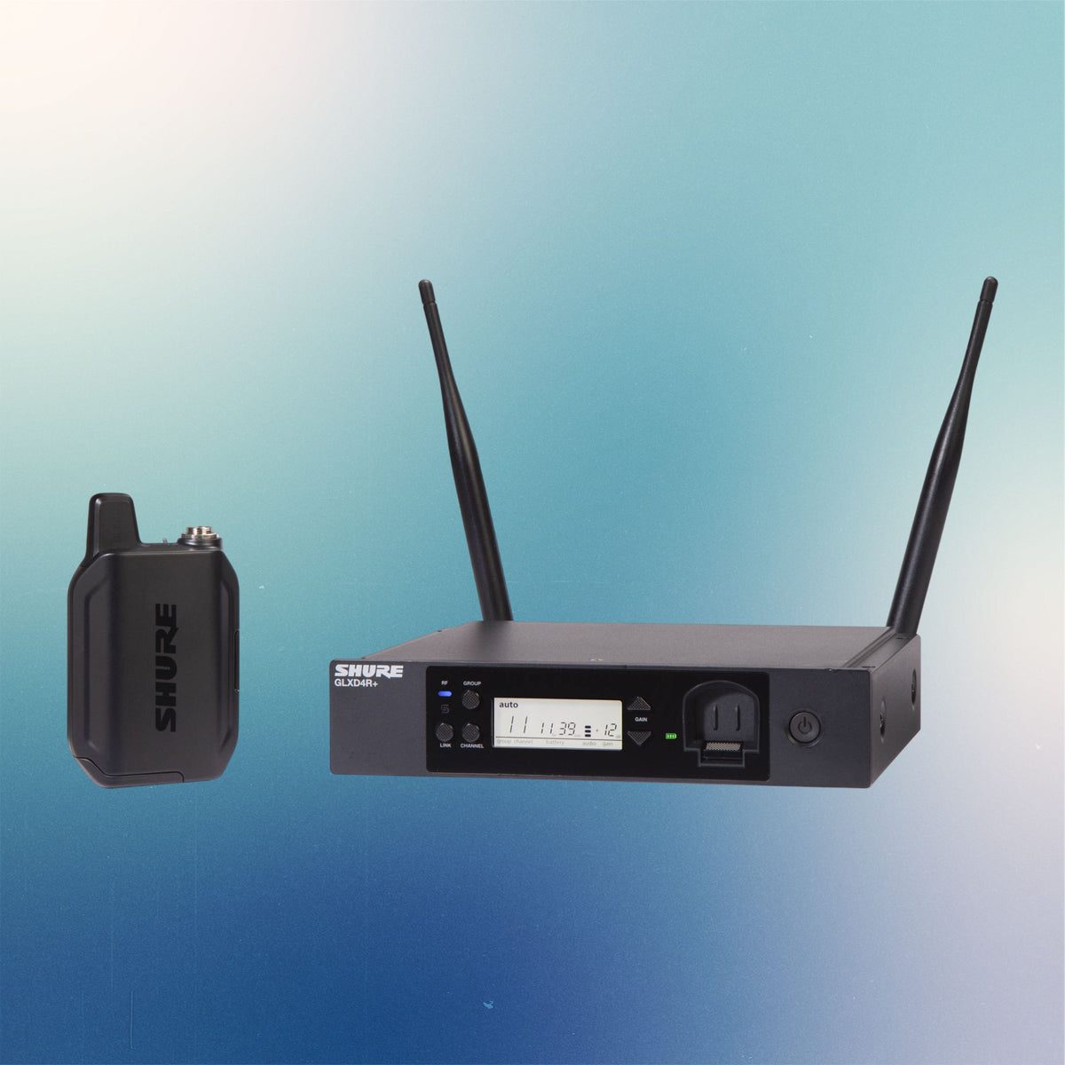 Inclusions of Shure GLXD14R+ Digital Wireless Rack System on blue background